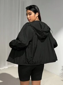 SHEIN EZwear Chaqueta con capucha y cordón de ajuste en talla grande, de estilo casual con cremallera