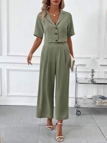 SHEIN Clasi 2 件女式领口腰线口袋短款衬衫和阔腿裤套装 - 軍綠色 - 查看 9