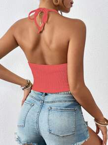 Breezaya Women's Summer Solid Color Hollow Out Short Fitted Sexy Halter Neck Camisole