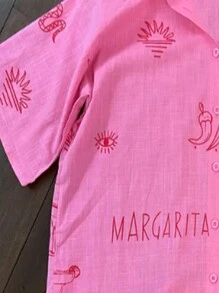 INAWLY Bộ áo thun ngắn tay và quần short in họa tiết đơn giản cho nữ, 2 chiếc - Màu Hồng Tươi - Xem 4