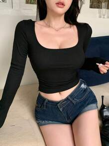 DAZY 蕾丝拼布系带修身女式 T 恤透明长袖女式上衣