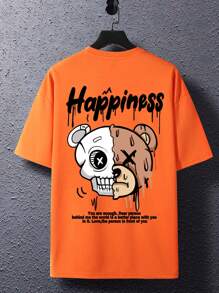 Manfinity Roghcode 男士休闲卡通口号印花 T 恤，夏季，图案 T 恤 - 橘色 - 查看 2