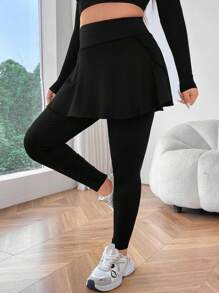 Flirla 大码纯色 2 合 1 口袋紧身裤 - 黑色 - 查看 5