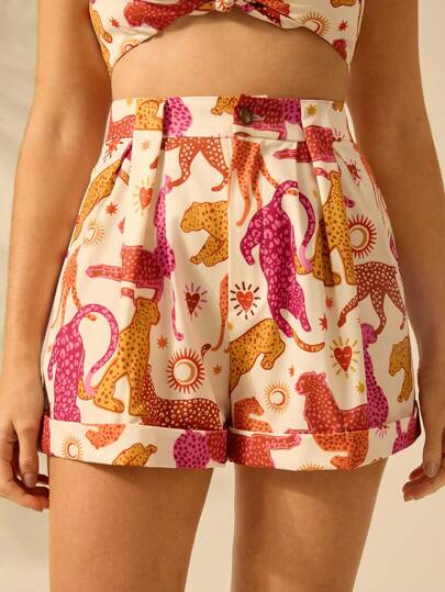 CAJUNI 女式波西米亚风热带豹纹米色度假休闲夏季短裤