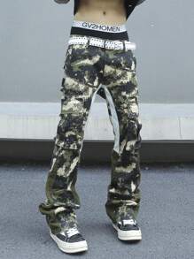 Manfinity LEGND Men's Casual Cargo Pockets Camouflage Print Straight Leg Denim Jeans - Multicolor - View 5
