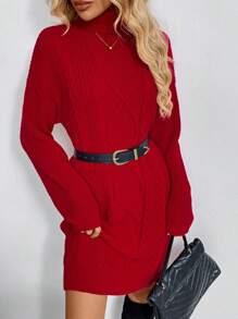 SHEIN LUNE Vestido de Navidad de manga larga con cuello alto, de parches unicolor casual, rojo chino para otoño/invierno - Rojo - Ver 6