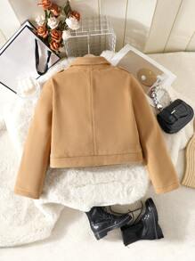 Tween Girl Oblique Zipper Woolen Casual Jacket - Camel - View 2