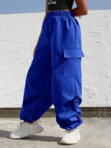 SHEIN Explorewe Tween Girl Solid Pocket Pants, School, Campus, College - Royal Blue - View 5