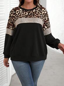 EMERY ROSE Plus Size Fall Women Solid Sequin & Leopard Patchwork Round Neck Long Sleeve Women Sweatshirts Winter Autumn - Black - View 4
