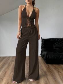 SHEIN Clasi Conjunto de camiseta de tirantes y pantalones anchos sueltos plisados con textura sexy para mujer, verano