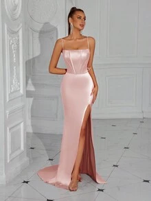 ADYCE Spaghetti Strap Fish Bone Detail Front Slit Open Back Tie Ballroom Party Evening Dress - Pink - View 5