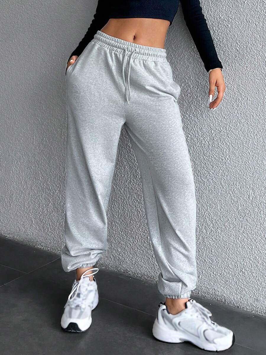EURMUSE Cotton Solid Drawstring Waist Slant Pocket Sweatpants - Light Grey - View 1