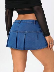 SHEIN EZwear Women Pleated Denim Mini Skirt, Low-Waisted, Summer - Medium Wash - View 2