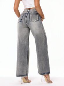 Women Loose Fit Straight Leg Casual Jeans With Pockets - Blue - View 2