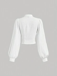 SHEIN MOD 女士白色长袖荷叶边领结泡泡袖衬衫 - 白色 - 查看 2