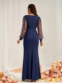 SHEIN Belle Váy dài tay cổ chữ V bằng vải lưới dệt kim màu xanh navy thanh lịch dành cho nữ có đính ngọc trai, phù hợp cho trang phục trang trọng phù dâu tiệc cưới - Màu xanh hải quân - Xem 2