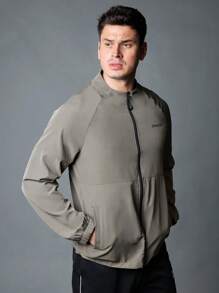 Manfinity Fitness Boyfriend Style Men's Casual Letter Print Raglan Sleeve Long Sleeve Sports Jacket, Spring & Autumn Outdoor Top Sports Jacket - Army Green - View 3