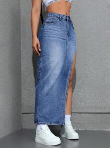 SHEIN EZwear Falda de denim lavado con abertura para mujeres - Azul - Ver 7