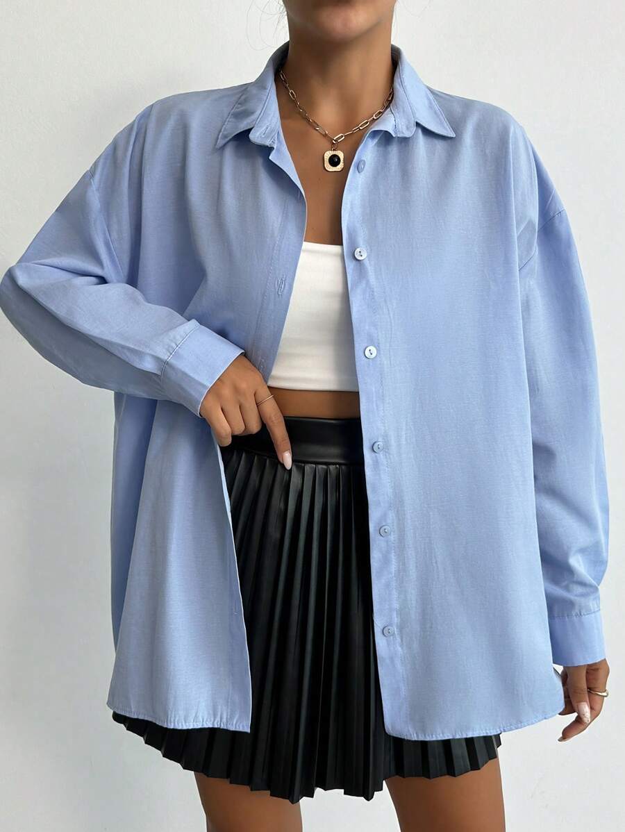 Cottnline 1pc Solid Drop Shoulder Button Front Shirt - Baby Blue - View 1