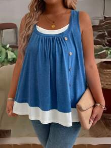 SHEIN LUNE Plus Size 2 In 1 Decorative Buckle Spaghetti Strap Tank Top, Summer - Blue and White - View 3