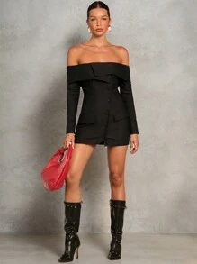 SHEIN BAE Mujer otoño Ropa mujer Mangas largas Mujer hombros descubiertos Manga larga Hombros descubiertos unicolor Minimalista Elegante blazer Otoño Ropa mujer Otoño Negocios casuales Mujer Vestido maestro Salidas Atuendos Oficina Ropa Mujer Blazers Ropa de trabajo