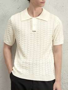 AKNOTIC Business Casual 男士针织翻领 Polo 衫，白色钩针纹理短袖修身上衣 - 白色 - 查看 3