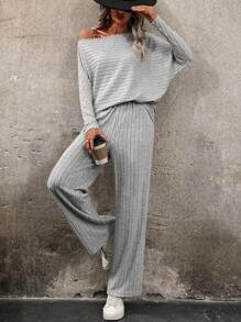 Chiquease Set de 2 piezas Conjunto de ropa interior térmica con top de manga larga con hombros abiertos y diseño de alas de murciélago metálico junto con pantalones largos casuales para mujer en invierno - Negro - Ver 1