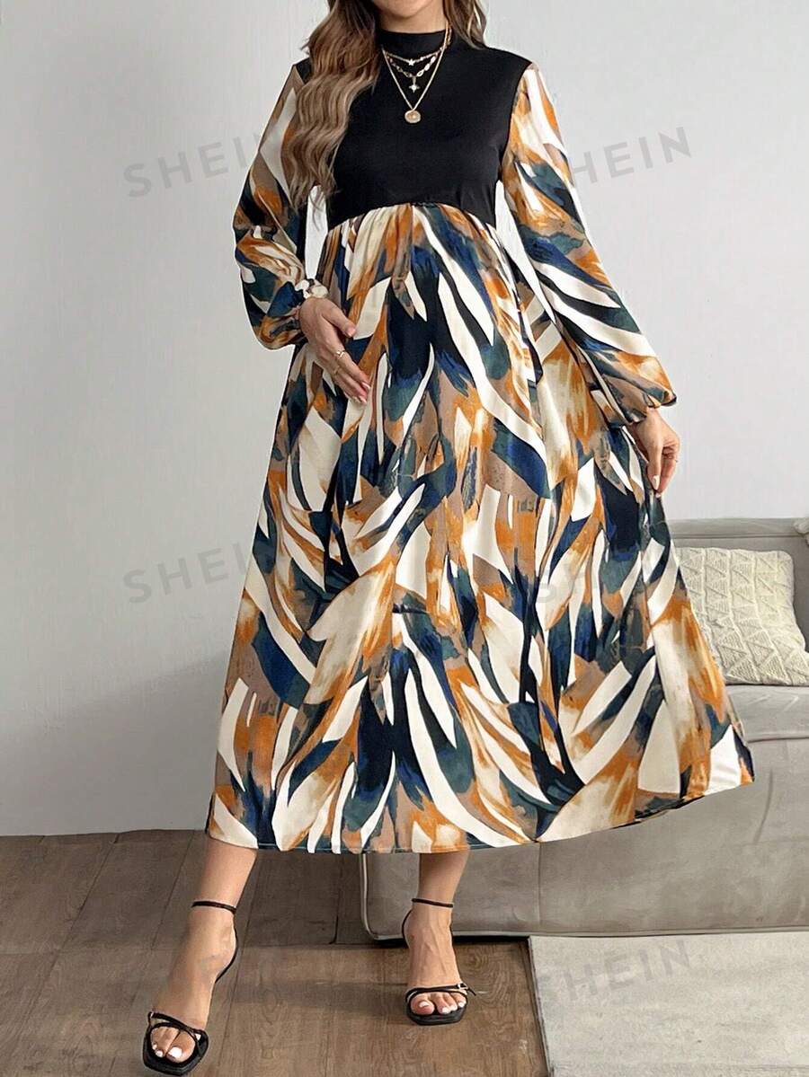 SHEIN Maternity Stand Collar Long Sleeve Floral Print Colorblock