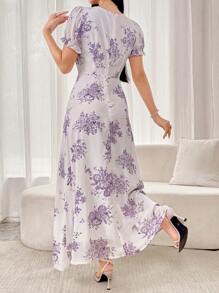 Modelyn Đầm Maxi Cổ Vuông In Hoa Tay Ngắn Cho Nữ Trang Phục Đầm Dạ Hội Dài - Màu tím - Xem 2