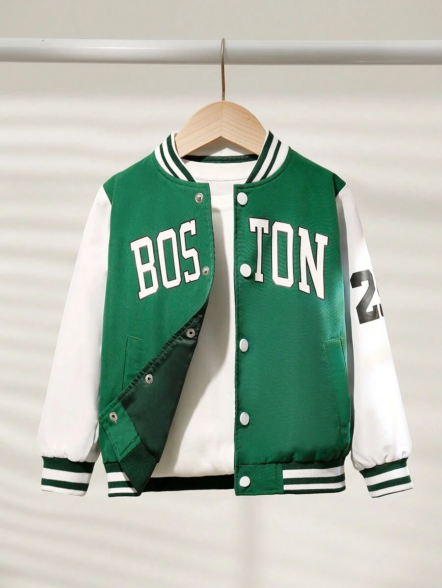 SHEIN Chaqueta ligera de estilo coreano informal para niños y niños pequeños con estampado de letra y gráfica, mangas de contraste, cuello de béisbol, frente abierto, adecuada para ir y venir, escuela, uso diario casual, vacaciones, deportes, primavera, verano, otoño e invierno, tipo bomber - Verde - Ver 1