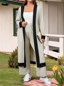 SHEIN LUNE Plus Size Women's Spring/Summer Contrast Color Long Sleeve Cardigan And Casual Pants 2 Pieces Set - Multicolor - View 6