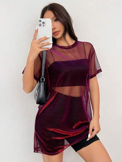 SHEIN EZwear Vestido de manga corta con cuello redondo y malla transparente para mujer