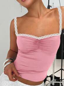 INAWLY 女士夏季蕾丝拼接百褶修身吊带背心