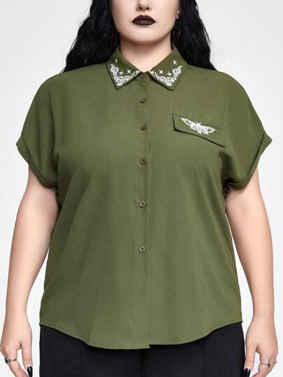 Goth Blusa holgada casual con bordado gótico para mujer de talla grande
