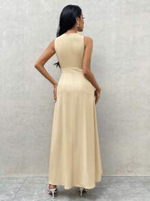 SHEIN Privé Women's Summer Casual Elegant Vacation Romantic Dating Wedding Cocktail Party V-Neck Ruffle Trim Asymmetrical Hem Waist Fit Midi Sleeveless Dress - Yellow - View 2