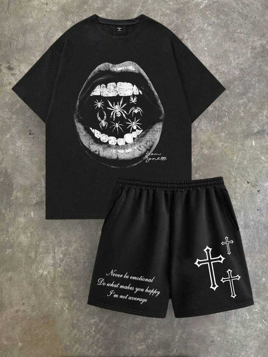 Manfinity EMRG 男士街头风格复古暗黑风格仿旧蜘蛛嘴唇+十字文字印花黑色尺码男士 T 恤短裤套装，万圣节。 - 黑色 - 查看 1