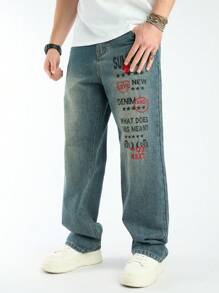 Manfinity Homme Men's Slogan Print Relaxed Fit Straight Leg Casual Baggy Jeans