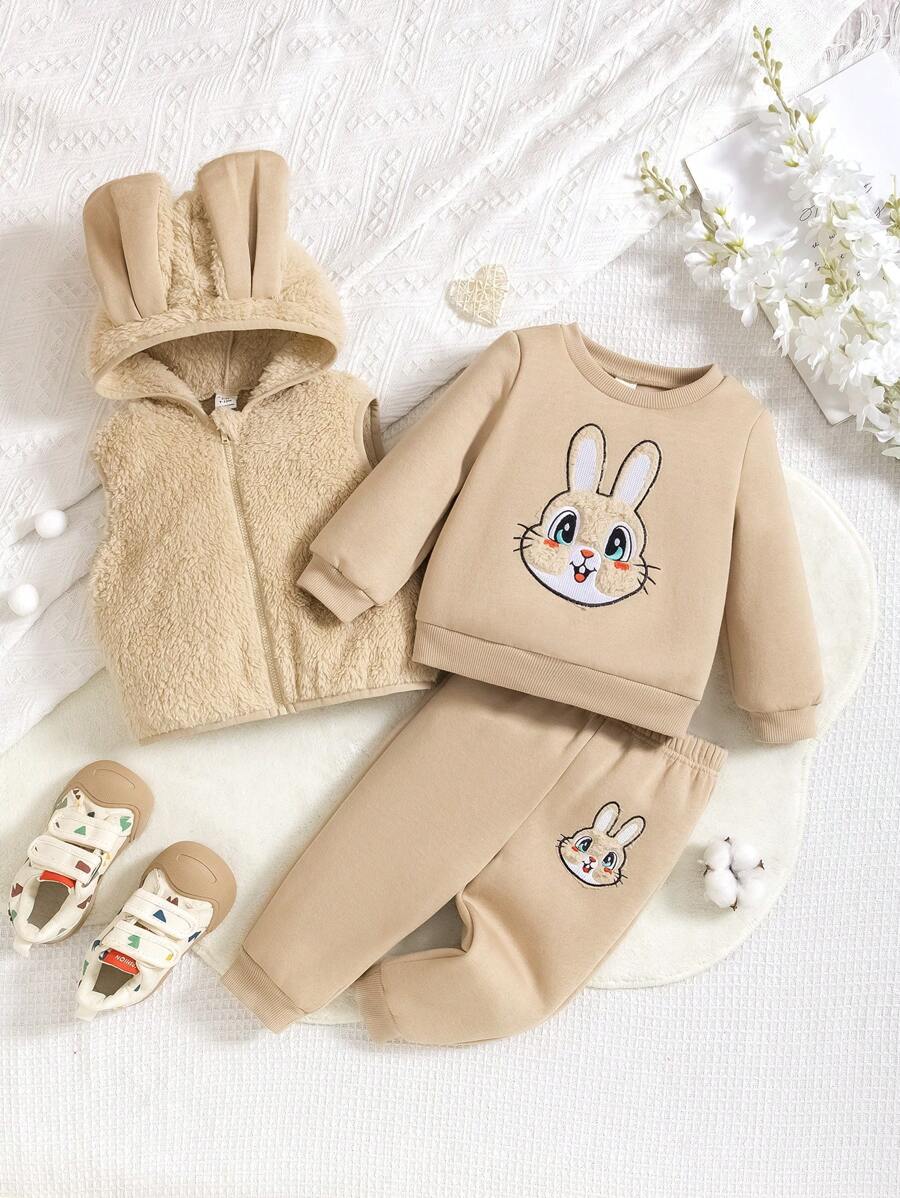 SHEIN Rabbit Pattern Thermal Lined Hoodie, Vest And Pants 3pcs/Set For Baby Girls Autumn/Winter - Khaki - View 1