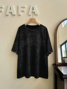 Comfortcana Plus Size Retro Distressed 3D Letter Loose T-Shirt - Dark Grey - View 4
