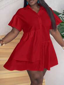 Slaydiva Plus Size Women Casual Solid Color Asymmetric Hem Short Sleeve A-Line Dress - Red - View 5