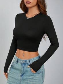 SHEIN PETITE Conjunto de 3 piezas de camisetas casuales y simples para mujeres, de cuello redondo, de manga larga y ajustadas en la Bottom