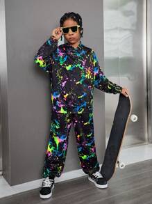 SHEIN Leap Crew 2 件 Tween Boy 荧光效果连帽运动衫和裤子套装，适合秋冬季的休闲街头风格 - 彩色 - 查看 3