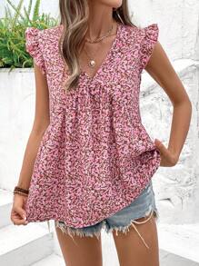 INAWLY 女士节日休闲碎花印花盖袖衬衫 - 粉色 - 查看 5