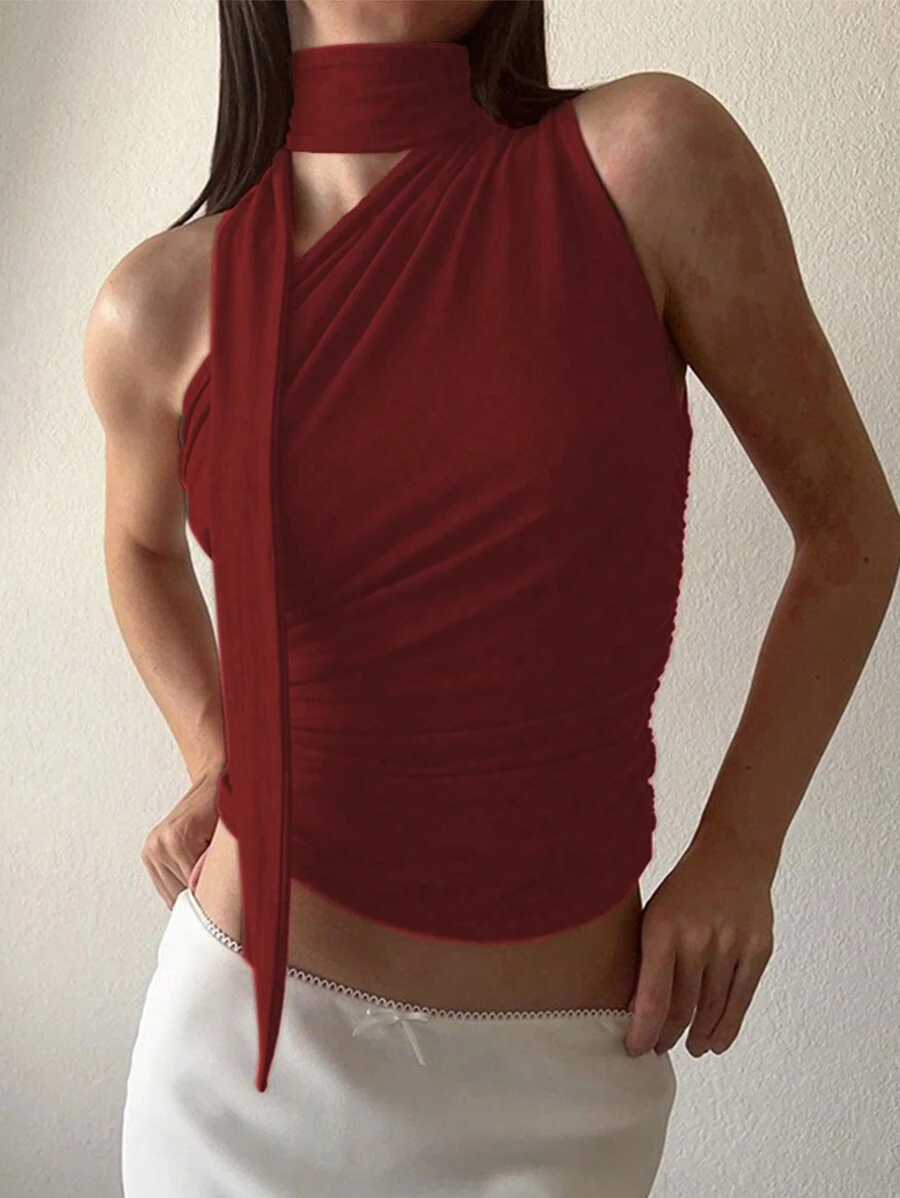 INAWLY 女士夏季纯色褶皱修身时尚吊带背心 - 紅色 - 查看 1