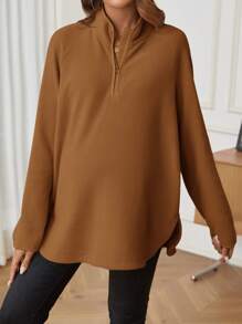 SHEIN Maternity Zipper Long Sleeve Casual Loose Split Design T-Shirt