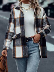 SHEIN LUNE 女士格子长袖宽松休闲衬衫和羊毛夹克套装，秋冬 - 彩色 - 查看 1