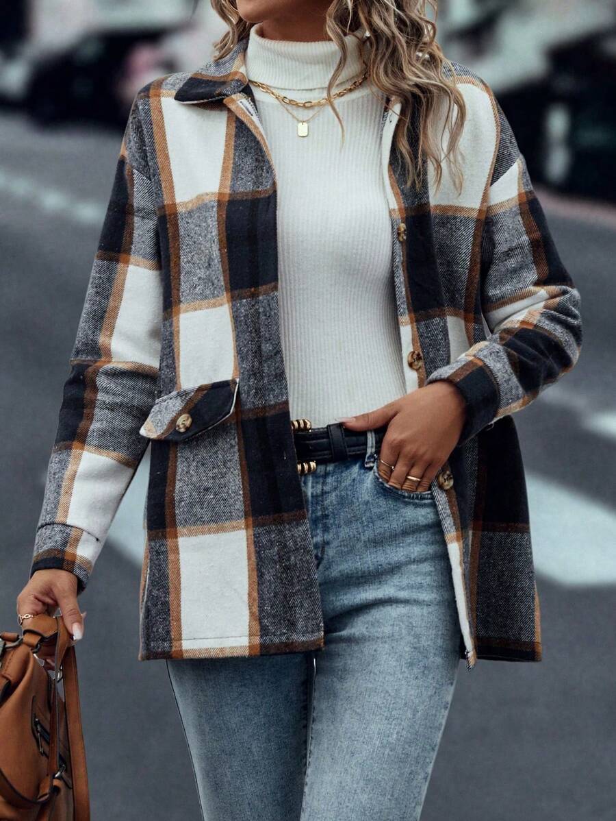 SHEIN LUNE 女士格子长袖宽松休闲衬衫和羊毛夹克套装，秋冬 - 彩色 - 查看 1