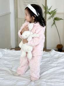 SHEIN Baby Girls Heart Fleece Jacket & Bib Pants Set, Warm & Comfortable Outfit For Outdoor Winter - Pink - View 3