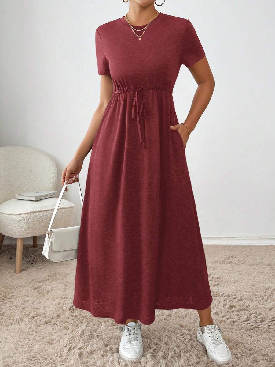 SHEIN Essnce 女士纯色圆领扭纹前口袋短袖夏季连衣裙 - 酒紅色 - 查看 1