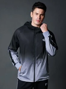 Manfinity Running Boyfriend Style Men Ombre Color Letter Print Raglan Sleeve Hooded Sports Jacket, Spring Autumn Training Top Sports Jacket